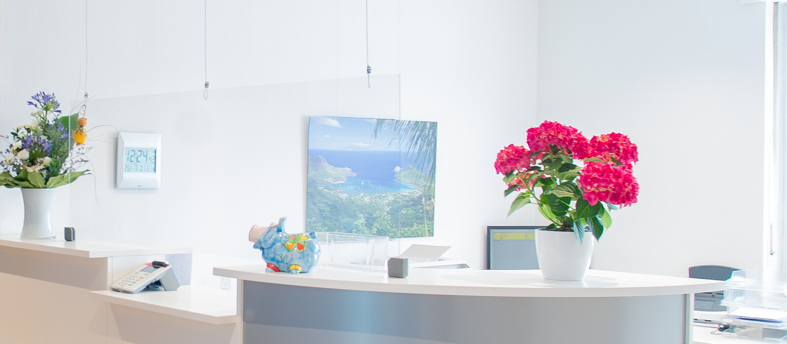 Foto der Empfangstheke Blick auf die Empfangstheke mit Blumen